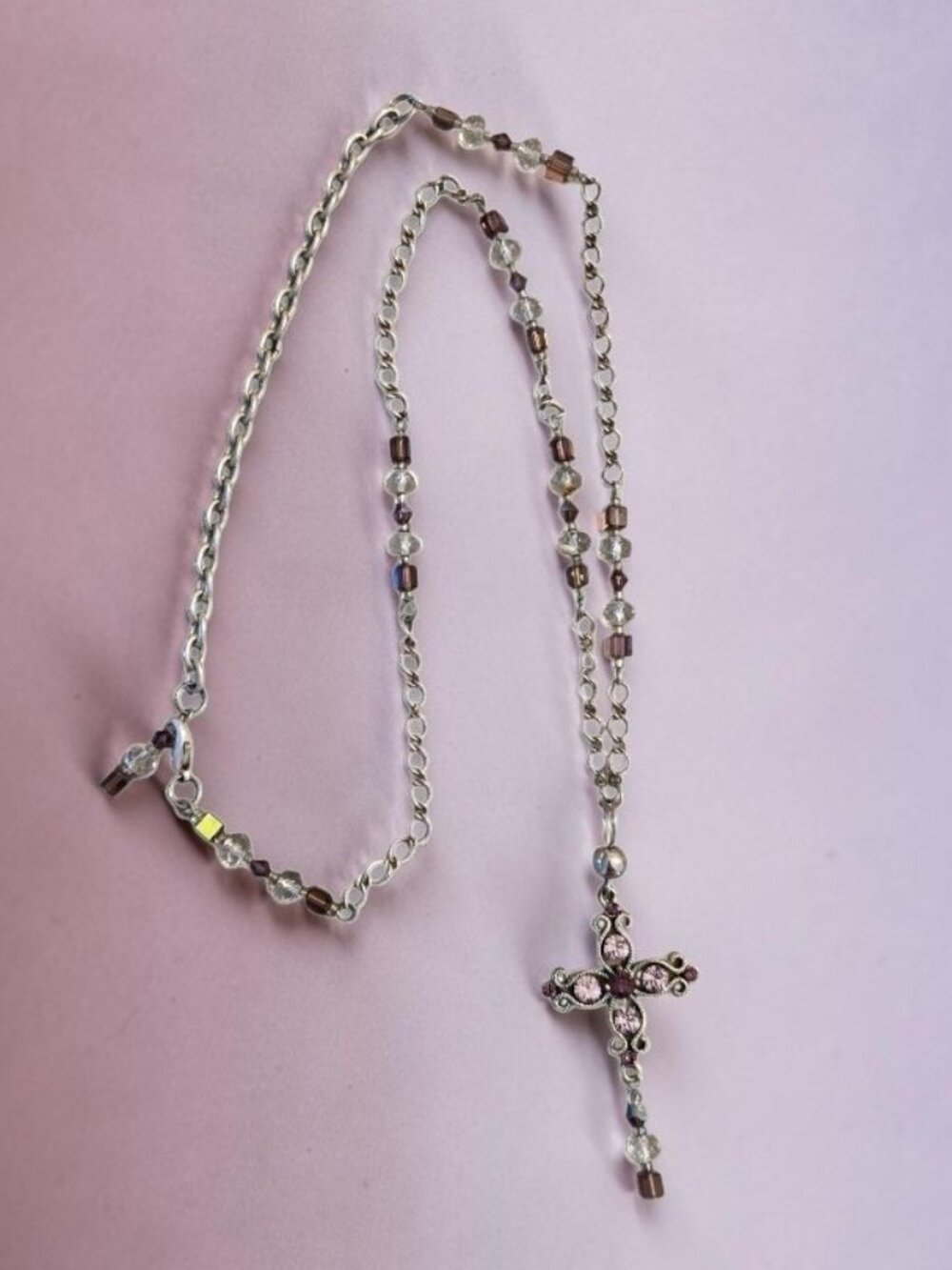Cross Necklace Purple and Crystal Beads with Silver-Tone Vintage with Extender